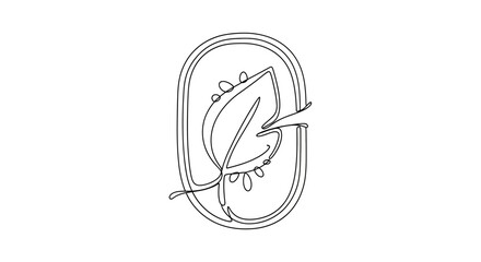 Fototapeta premium Minimalist single line drawing of a leaf with dew drops inside an oval frame, botanical art