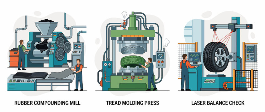 Tire Manufacturing Process Stages Vector Illustration