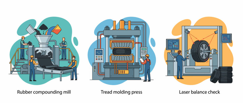 Tire Manufacturing Factory Process and Engineering Stages Vector