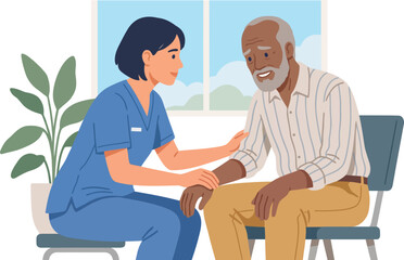 Fototapeta premium Caring healthcare professional offers genuine support to an elderly man, fostering trust and a strong connection in an indoor setting with ample copy space.