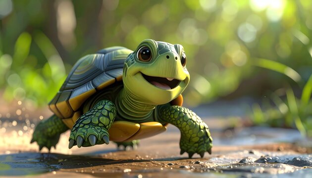 A happy turtle running on wet ground.