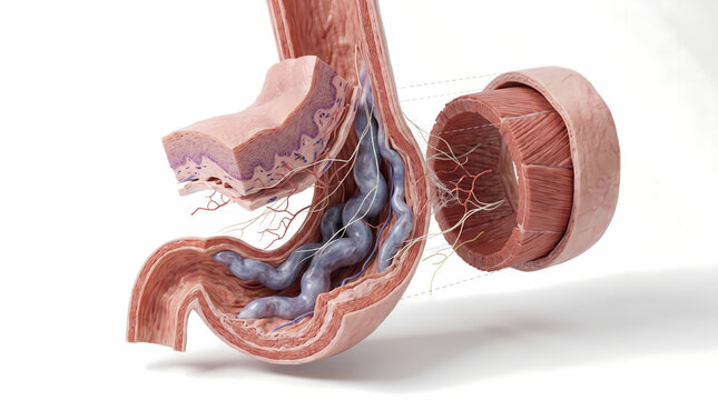 3D Medical Rendering Cross-Section of Stomach Showing Muscular Wall and Esophageal Sphincter