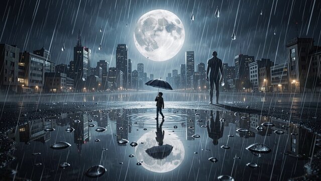 Tiny person with umbrella crossing a giant puddle
