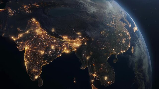 Satellite view of South Asia and Southeast Asia at night showing illuminated cities and population density
