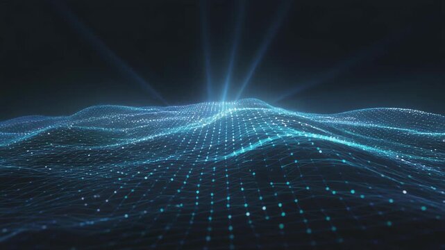 Digital futuristic wave landscape with glowing blue technology grid and light beams in dark background
