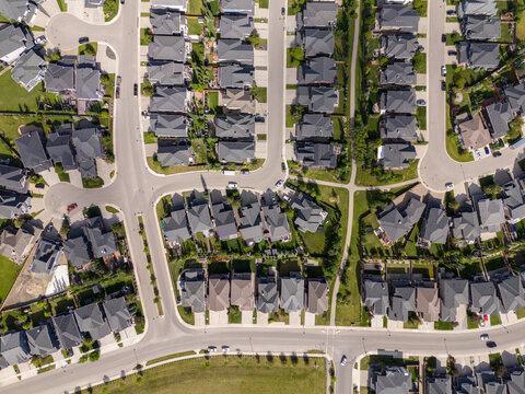 Aerial view of new homes in a residential area of Calgary, Alberta, Canada.