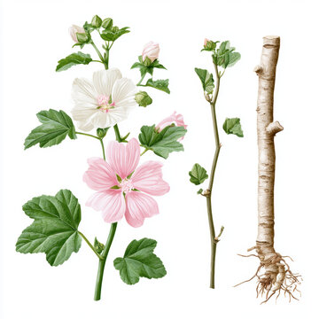 Marshmallow medicinal plant flower stem root botanical illustration of marshmallow medicinal plant with white and pink flower, green leaf