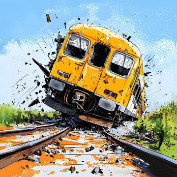 Vivid depiction of a train derailment featuring explosive visuals and bright colors set against a clear blue sky