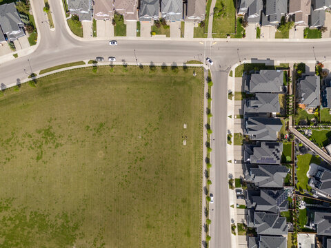 Aerial view of new homes in a residential area of Calgary, Alberta, Canada.