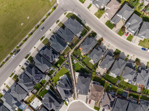 Aerial view of new homes in a residential area of Calgary, Alberta, Canada.