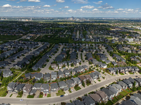 Aerial view of new homes in a residential area of Calgary, Alberta, Canada.