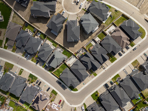 Aerial view of new homes in a residential area of Calgary, Alberta, Canada.