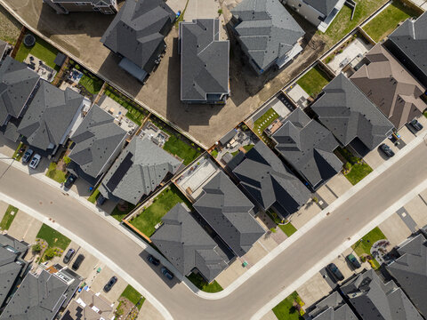 Aerial view of new homes in a residential area of Calgary, Alberta, Canada.