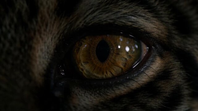Macro extreme close-up of a domestic cat eye showing pupil dilation