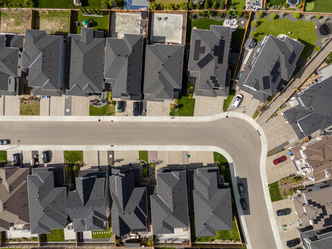 Aerial view of new homes in a residential area of Calgary, Alberta, Canada.