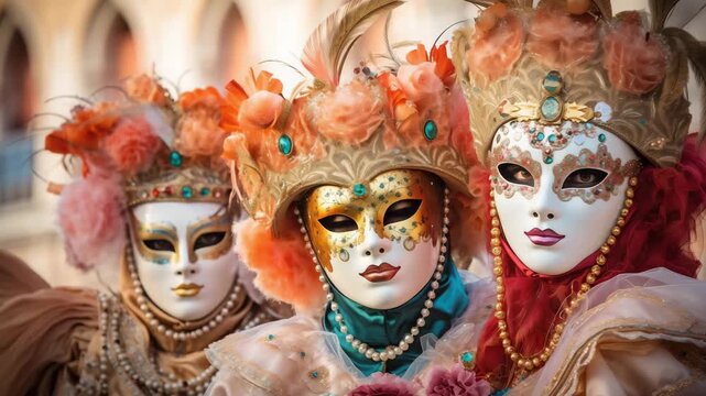 Portrait of persons disguised in a beautiful old fashioned style costume with copy space. Venetian carnival costumes and masks. Colorful carnival masks at a traditional festival in Venice, Italy.