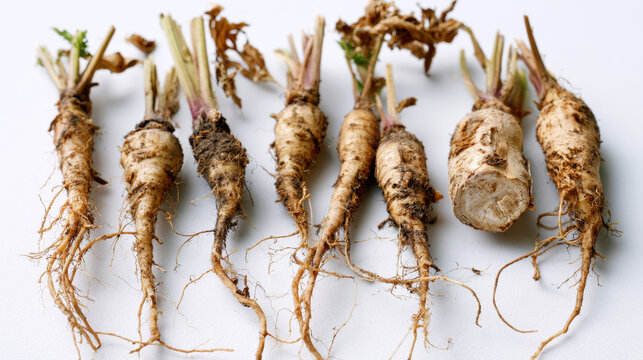 Marshmallow root harvested root medicinal plant herb botanical organic natural remedy group Marshmallow roots white background, rustic herbal