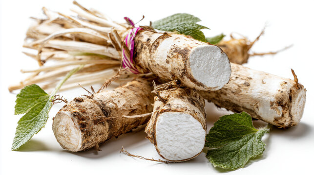 Marshmallow root harvested root medicinal plant herb natural remedy organic fresh raw isolated, closeup of cut roots with green leaf white