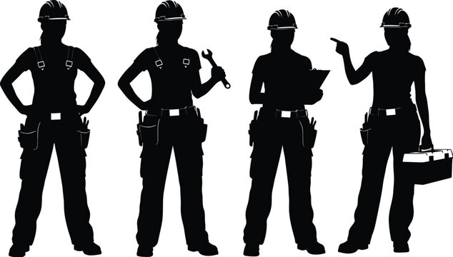 Construction worker silhouette set featuring skilled tradeswomen with tools isolated black vector illustration for industrial projects