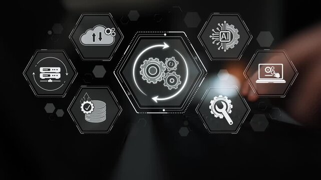 Abstract conceptual image representing automation and technology with gears, digital interface, cloud computing, and artificial intelligence elements Sigmoid