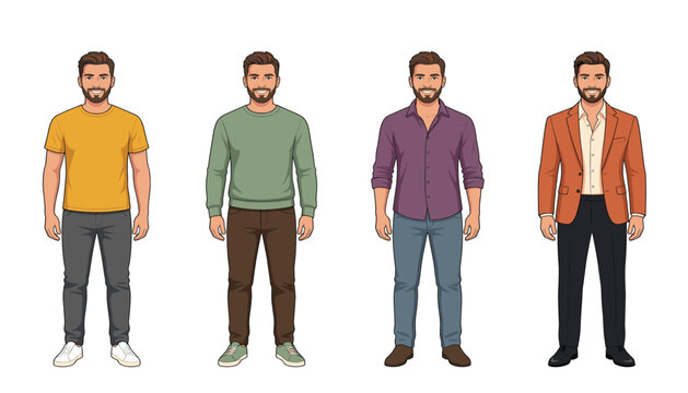 Bearded man wearing casual and formal clothes character set. Male wardrobe evolution, orange blazer, purple shirt, green sweatshirt, t-shirt, trousers, shoes.