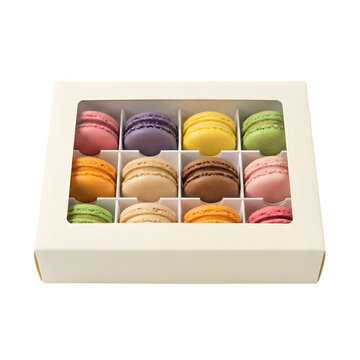 A box of colorful assorted french macaron cookies in a gift package with a clear viewing window top isolated on transparent background