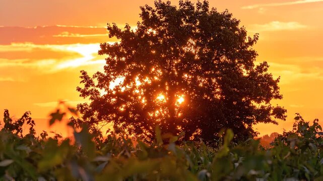 Cinematic golden sunset shining through a silhouetted tree in a peaceful grassy field