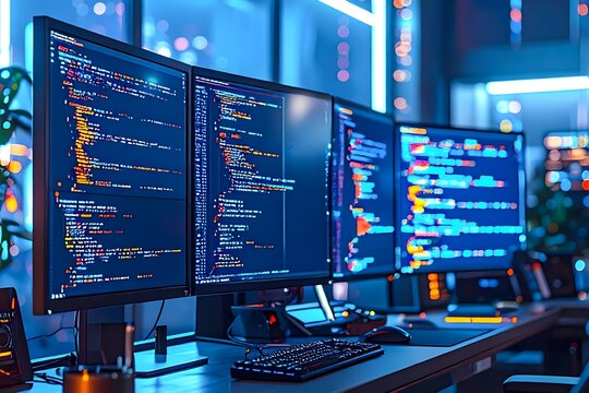 Multiple monitors showing computer programming code in developer workstation