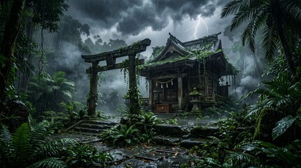 Fototapeta premium Alone single Ancient abandoned shrine covered in moss inside a lush tropical rainforest on a rainy day