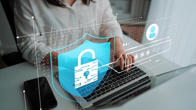 Digital security concept with a shield icon and a user logging in with password on laptop at home with modern interface and cybersecurity graphics. Gluon.