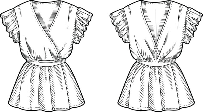 Technical fashion sketch of a women's wrap blouse with flutter sleeves, cinched waist, and flared hem for apparel production