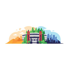 Fototapeta premium A minimalist flat vector of a stadium entrance stylized as a gateway between three different landscapes: a desert, a forest, and a cityscape. Limited 4-color palette. minimalist flat vector