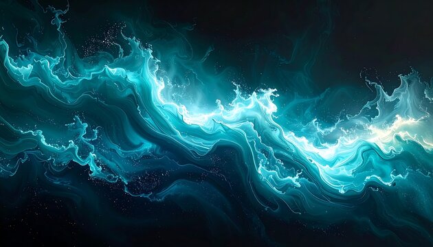 Abstract Teal Water Waves Flowing in Dark Background Fluid Liquid Motion With Glowing Light Particles And Dynamic Energy Ripples