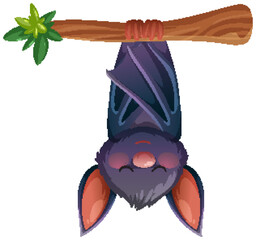 Obraz premium Cartoon Bat Hanging Upside Down from Tree Branch