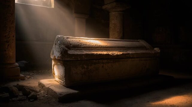 Ancient stone sarcophagus illuminated by sunlight in historic dark crypt with stone columns