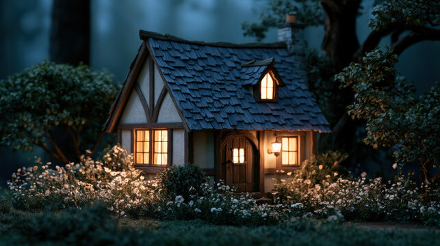 Cozy puppet cottage warm light glowing window miniature house night woodland fairy tale garden scene with soft lantern glow among flowers and trees