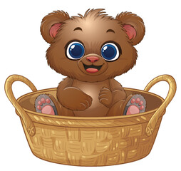 Obraz premium Adorable Brown Bear Cub Sitting in a Woven Wicker Basket Illustration