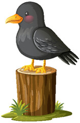 Obraz premium Cartoon Black Bird Perched on Tree Stump