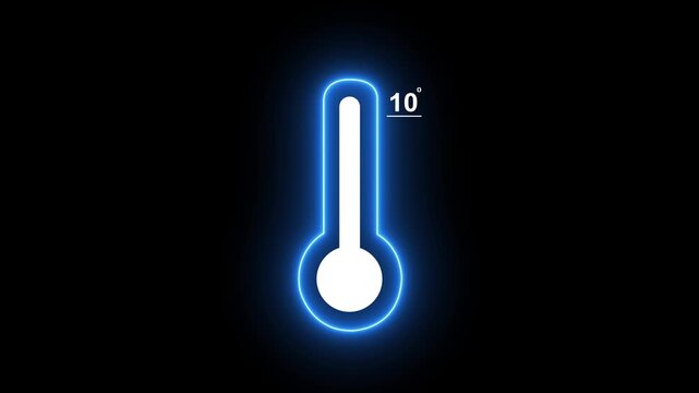 Neon thermometer showing 10 degrees celsius temperature measurement animation on black background weather