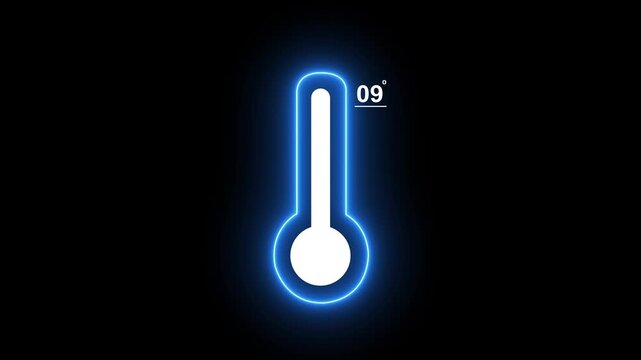 Neon digital thermometer animation with temperature display, glowing blue ui for weather apps and climate data visualization on black background