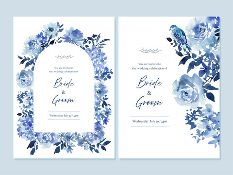 Floral wedding invitation card template set with abstract hand painted watercolor blue wild roses and bird