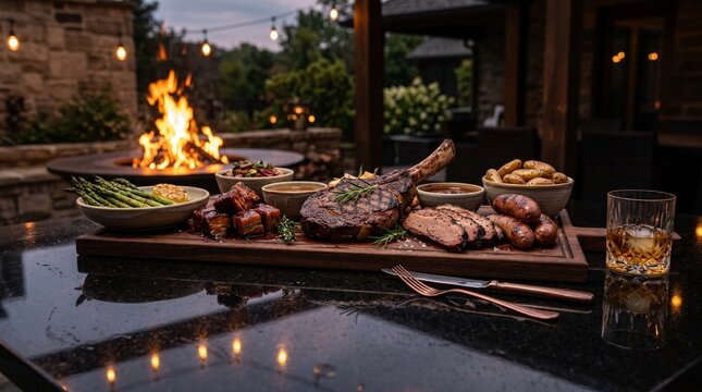 Gourmet grilled meat platter with sides and drinks by a fire pit