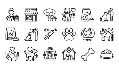 Fototapeta premium Veterinary and Pet Care Line Icons Set Vector Collection