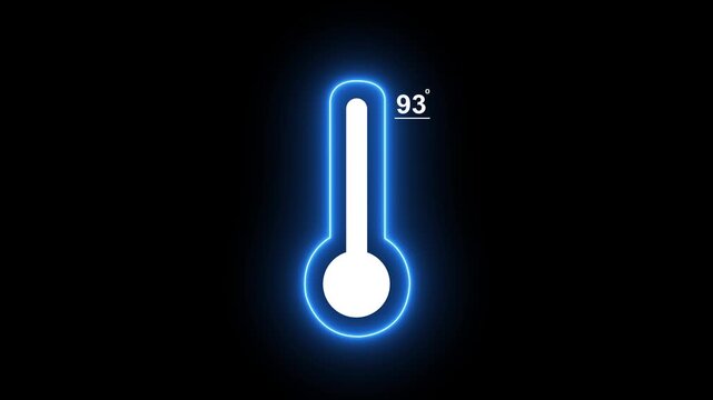 Neon blue digital thermometer animation showing temperature reading on black background, heat weather