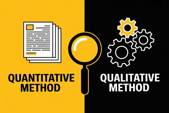 Quantitative versus Qualitative Research Methods Illustration on Yellow and Black Background