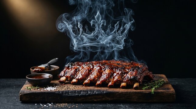 Smoked bbq ribs with crown shaped smoke on rustic wooden board