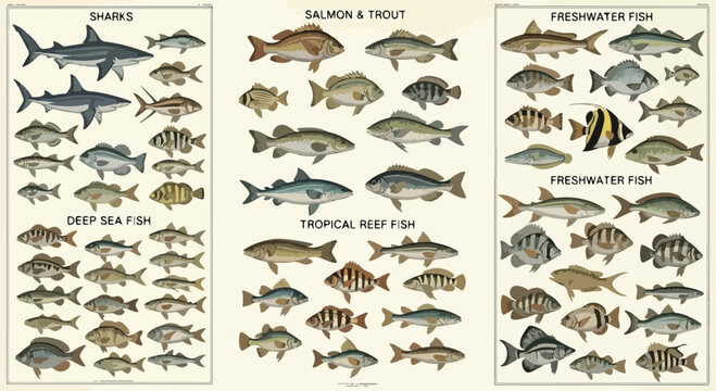 Vintage fish plates showcase an ichthyology illustration of diverse fish species arranged in a classic natural history