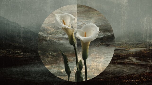 A cinematic dreamscape that merges diverse earth landscapes into a circular disk motif, featuring a minimalist still life of a single lily with caladium leaf and iris bloom. The scene unfolds under a