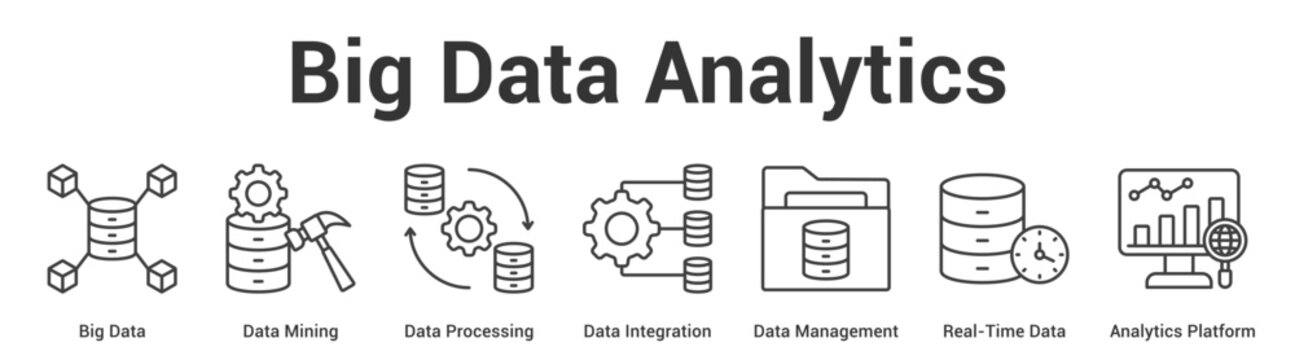 Big Data Analytics web banner icon vector illustration concept for business with icon of Big Data, Data Mining, Data Processing, Data Integration, Data Management, Real-Time Data, Analytics.