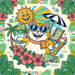 Fototapeta premium Cat poses with summer props and tropical florals in mid-century style.